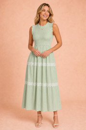 Robe longue rayée smockée | Variante Vert | Lounelle Paris