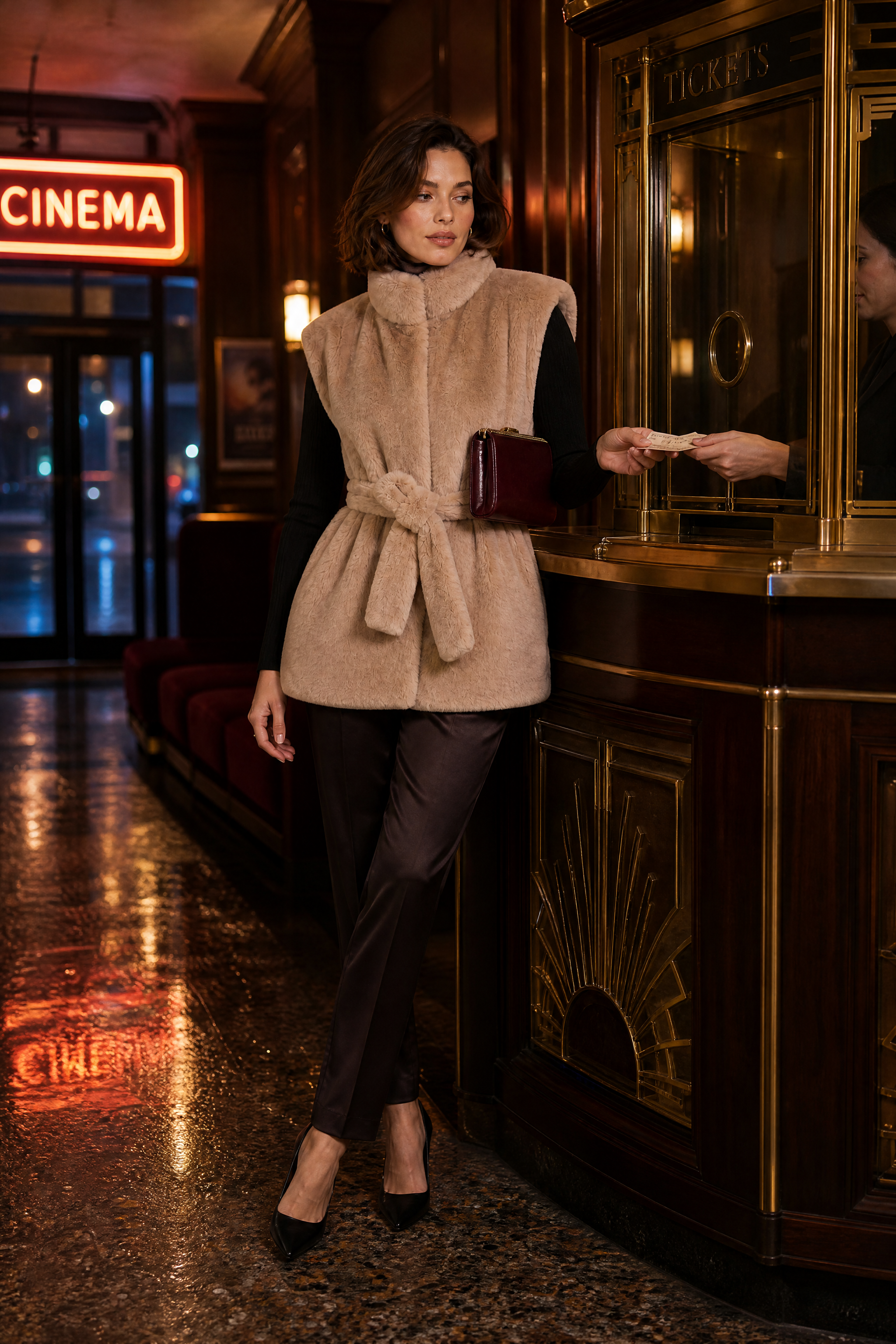 Gilet fausse fourrure camel ceinturé | Deuxième photo lifestyle | Lounelle Paris