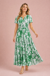 Robe longue verte imprimée col V | Vue en mouvement | Lounelle Paris