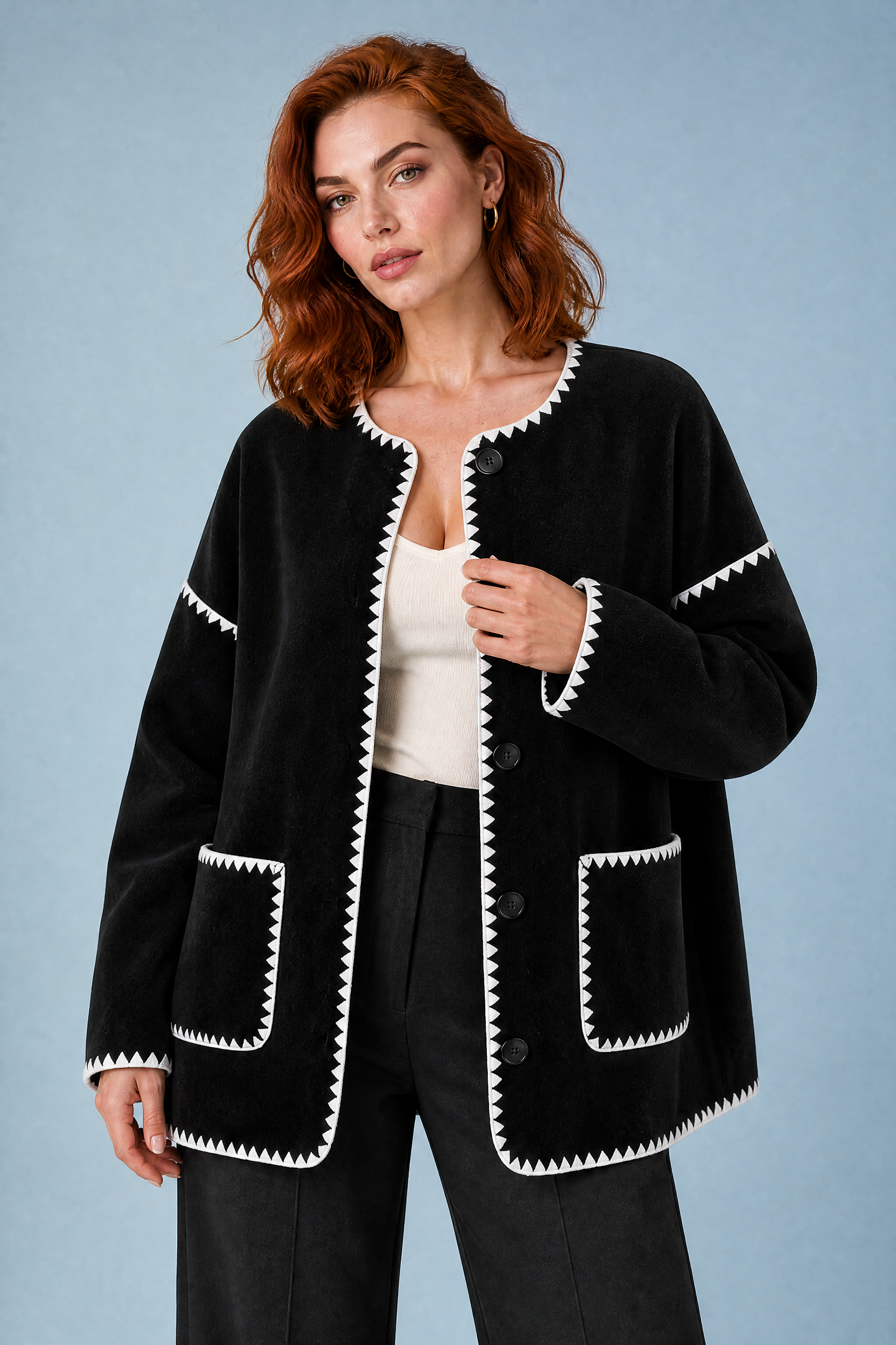 Veste polaire noire bicolore ample | Vue rapprochée | Lounelle Paris