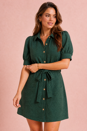Robe chemise vert armée manches bouffantes | Vue rapprochée | Lounelle Paris