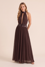 Robe longue col licou dos nu | Variante Marron | Lounelle Paris