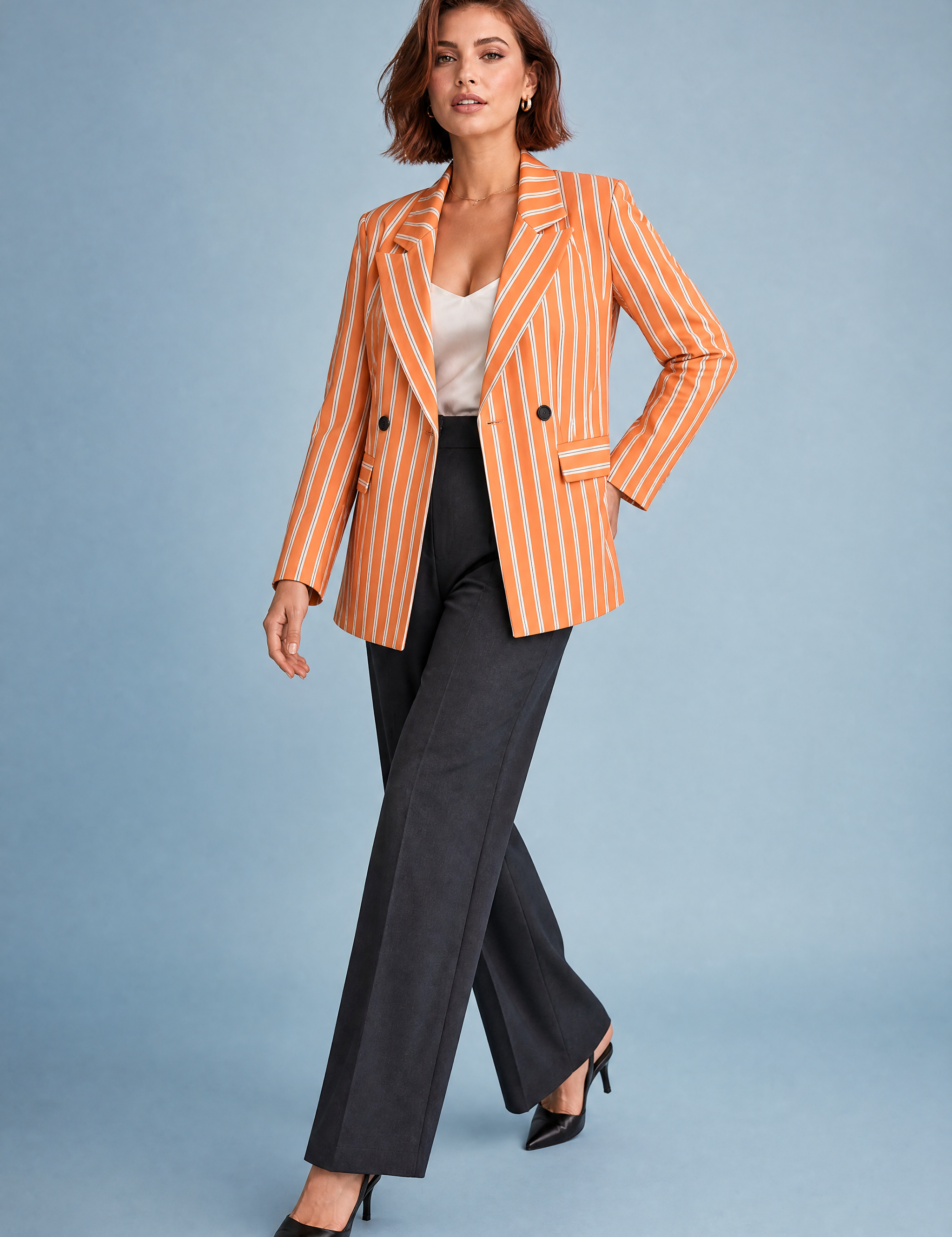 Blazer orange rayé coupe ample | Vue de face | Lounelle Paris