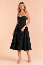 Robe midi à fines bretelles encolure droite | Variante Noir | Lounelle Paris