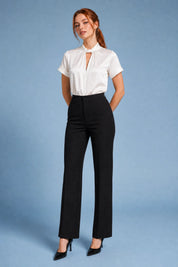 Blouse satinée col montant manches courtes | Variante Blanc cassé | Lounelle Paris