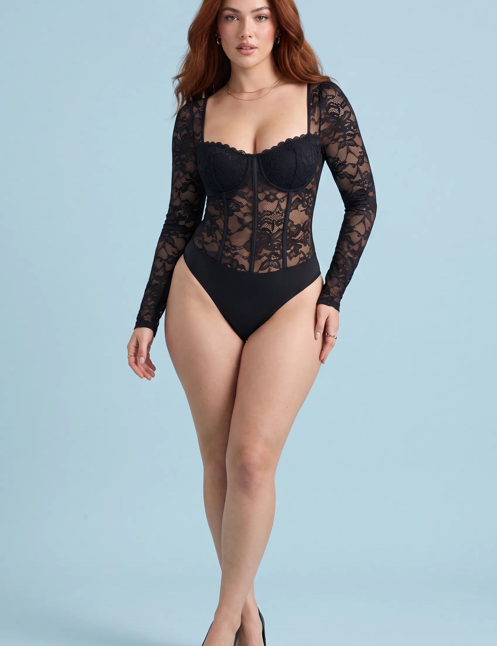 Body noir dentelle encolure carrée | Vue de face | Lounelle Paris