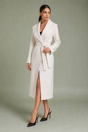 Manteau long col châle ceinturé | Vue de face | Lounelle Paris