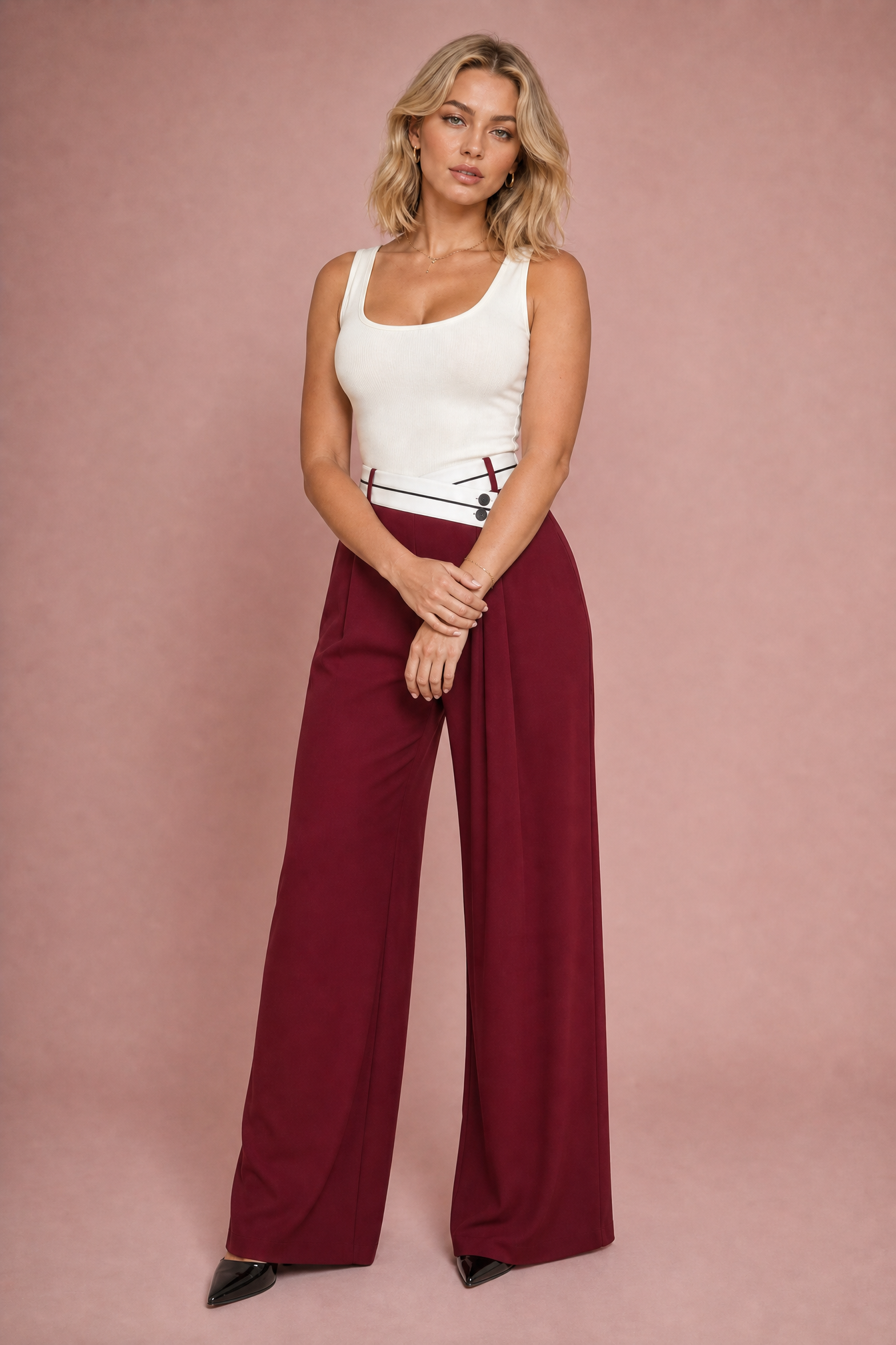 Pantalon large taille haute croisée | Variante Bordeaux | Lounelle Paris