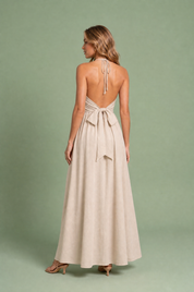 Robe longue Beige col halter | Vue de dos | Lounelle Paris
