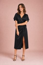 Robe midi portefeuille col V | Variante Noir | Lounelle Paris