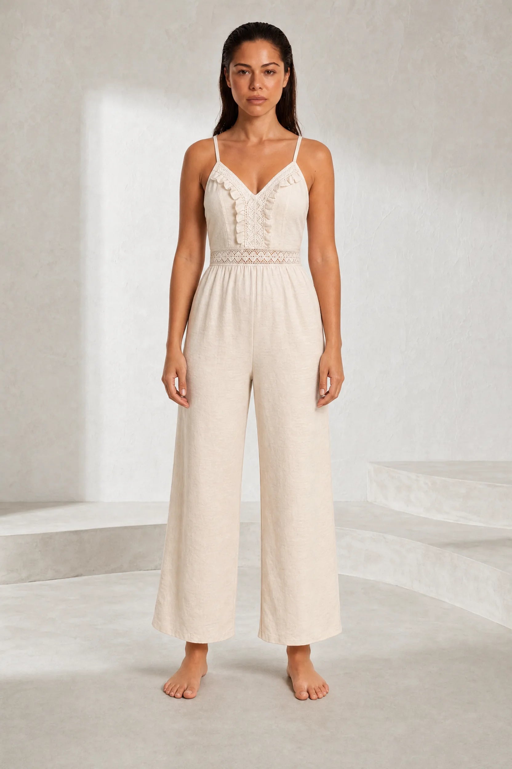 Combinaison abricot col V jambes larges | Lounelle Paris