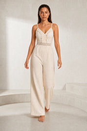 Combinaison abricot col V jambes larges | Lounelle Paris