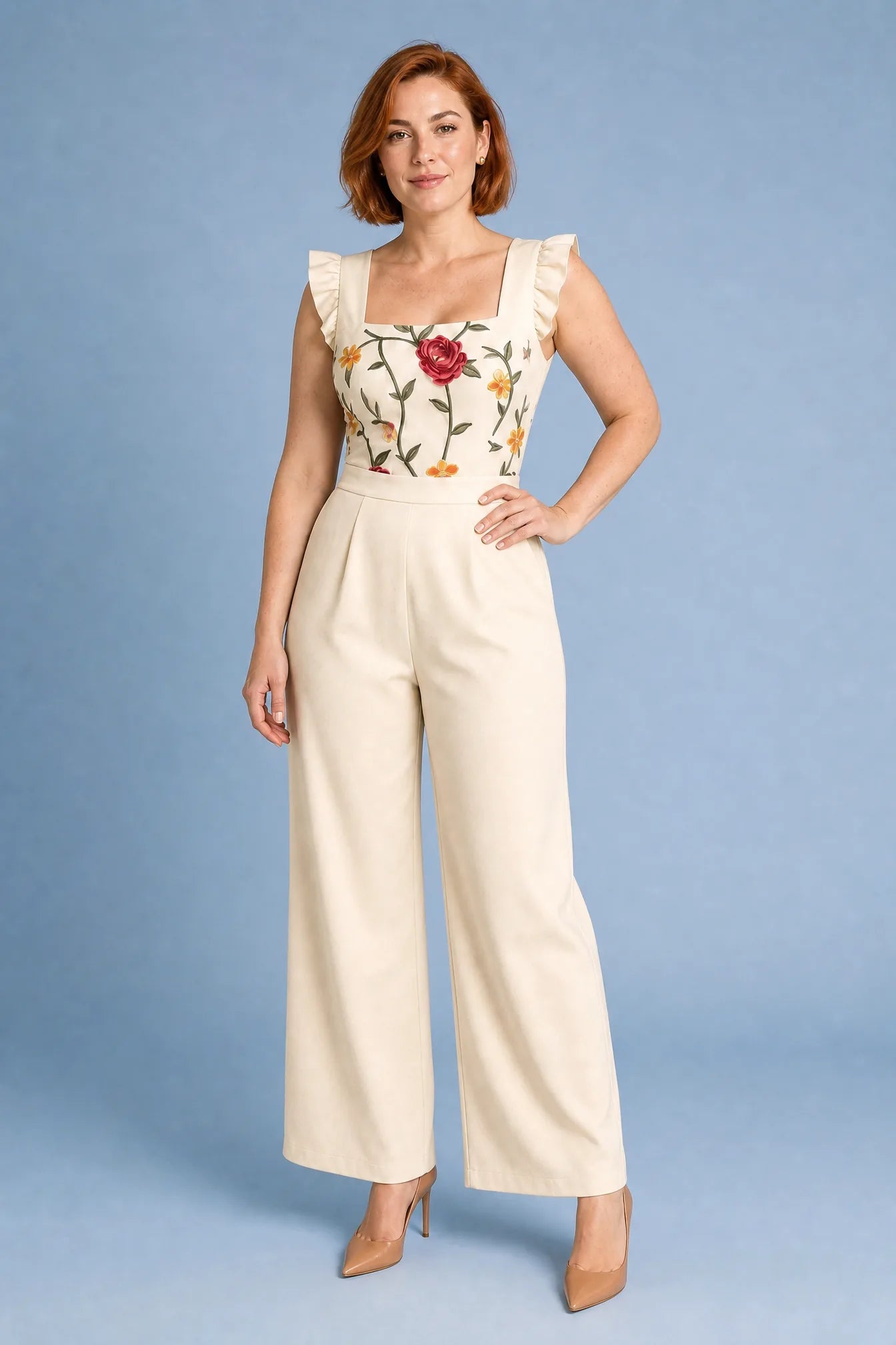 Combinaison beige col carré jambes larges | Porté sur une autre silhouette | Lounelle Paris