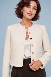 Veste courte abricot à boutons cœur | Vue rapprochée | Lounelle Paris