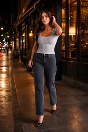 Top col carré maille côtelée | Variante Gris clair - Lifestyle | Lounelle Paris