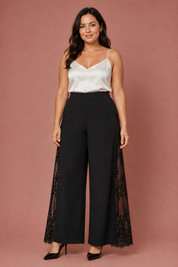 Weite schwarze High-Waist-Hose mit Spitze