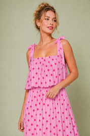 Robe longue rose à pois | Vue rapprochée | Lounelle Paris