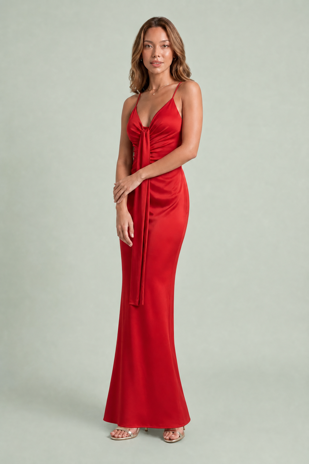 Drapiertes V-Ausschnitt-Langkleid