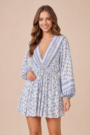 Robe imprimée col V manches bouffantes | Vue rapprochée | Lounelle Paris
