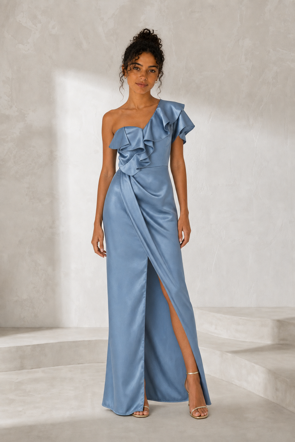Robe longue satinée asymétrique variante bleu