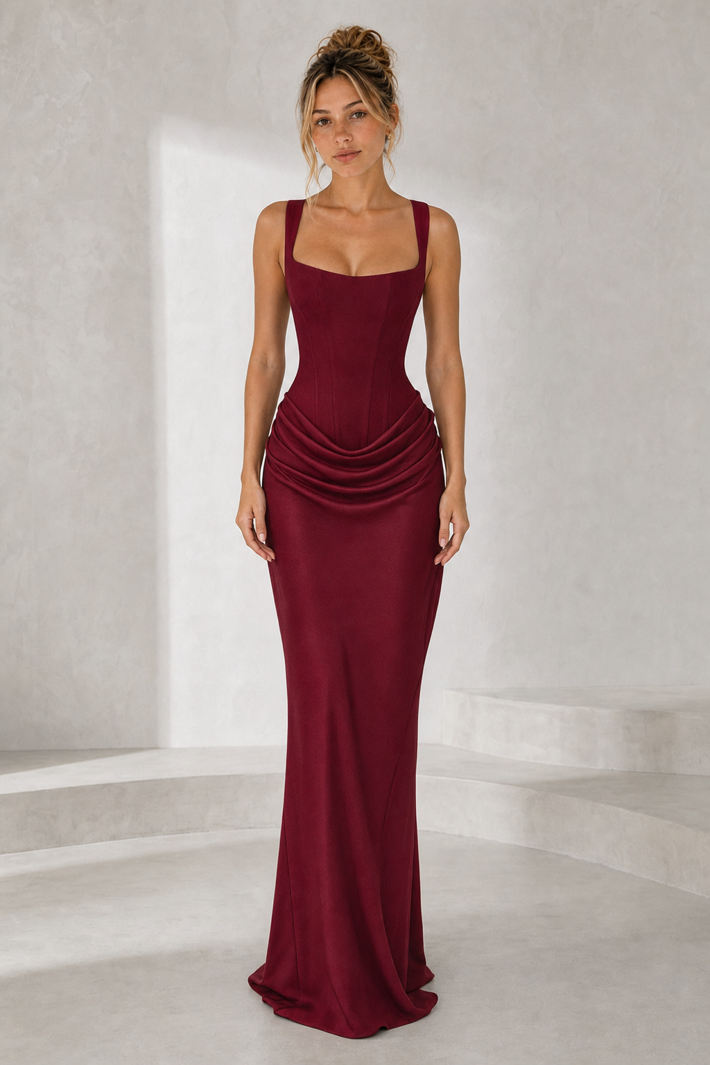 Robe longue encolure carrée drapée variante bordeaux