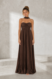 Robe longue plissée dos nu variante marron