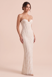 Robe bustier en dentelle dos lacé variante blanc cassé