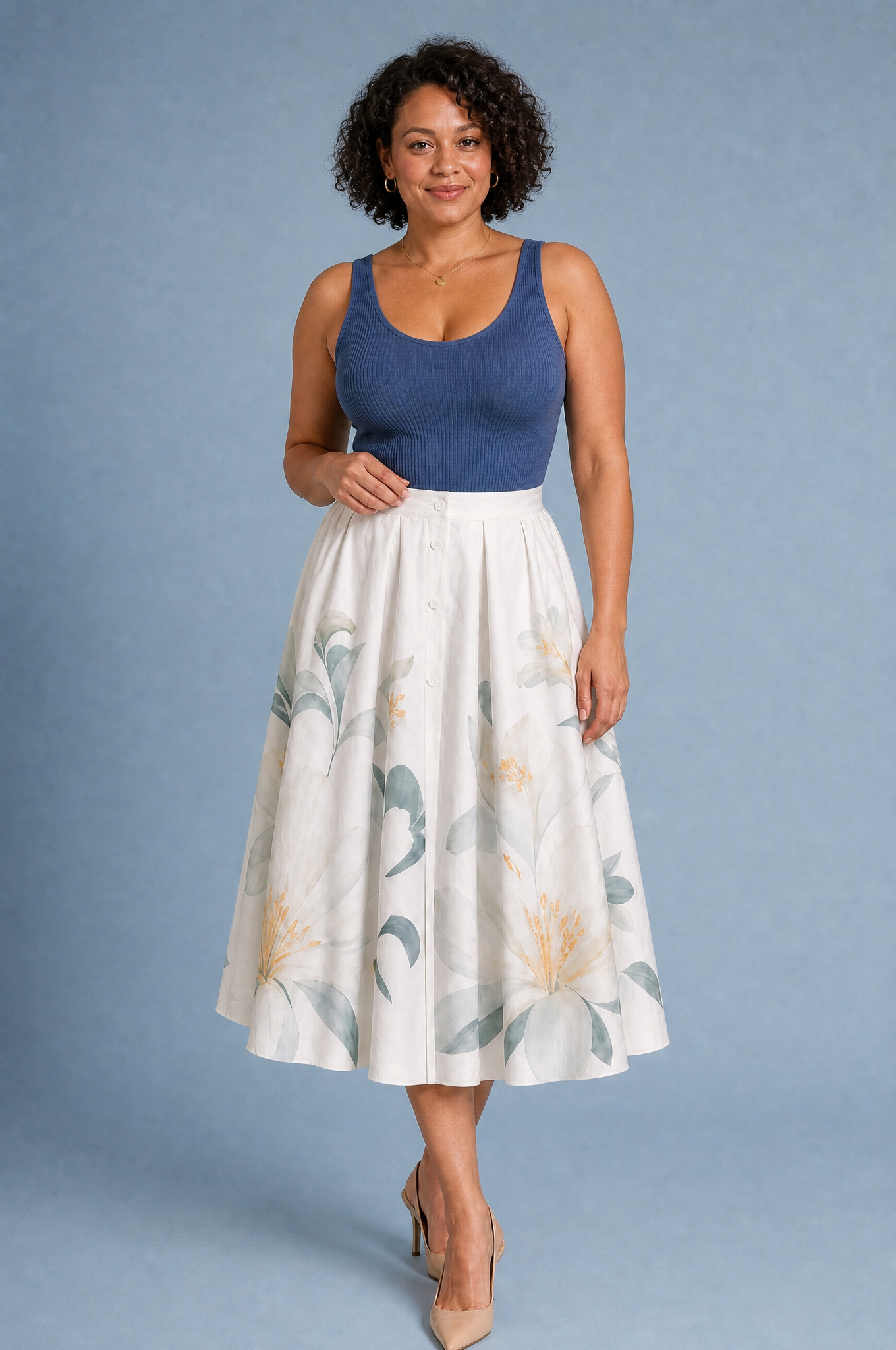 Jupe midi beige fleurie taille haute | Porté sur une autre silhouette | Lounelle Paris