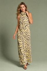 Langes Zebrakleid mit Schalkragen