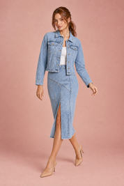 Ensemble veste jean et jupe midi | Vue en mouvement | Lounelle Paris