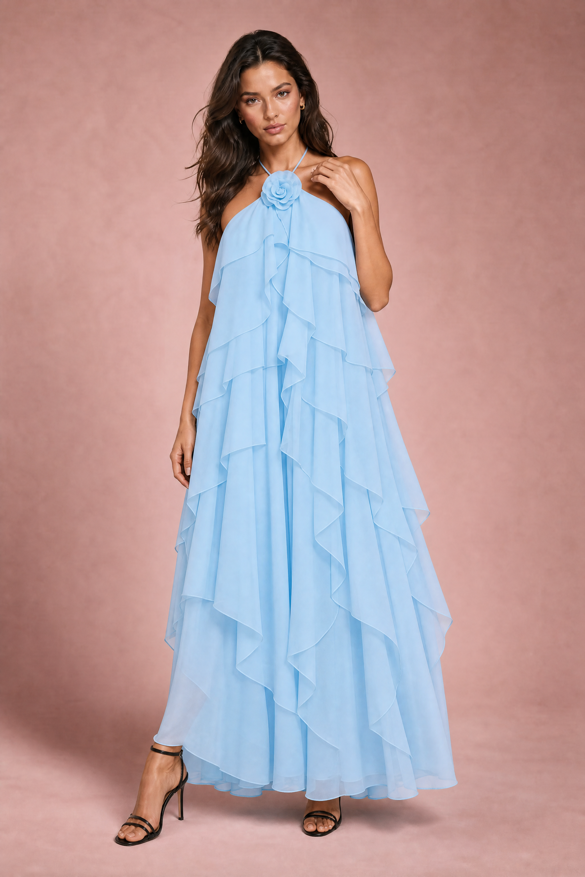 Robe longue dos nu à volants | Variante Bleu | Lounelle Paris