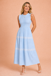 Robe longue rayée smockée | Variante Bleu | Lounelle Paris