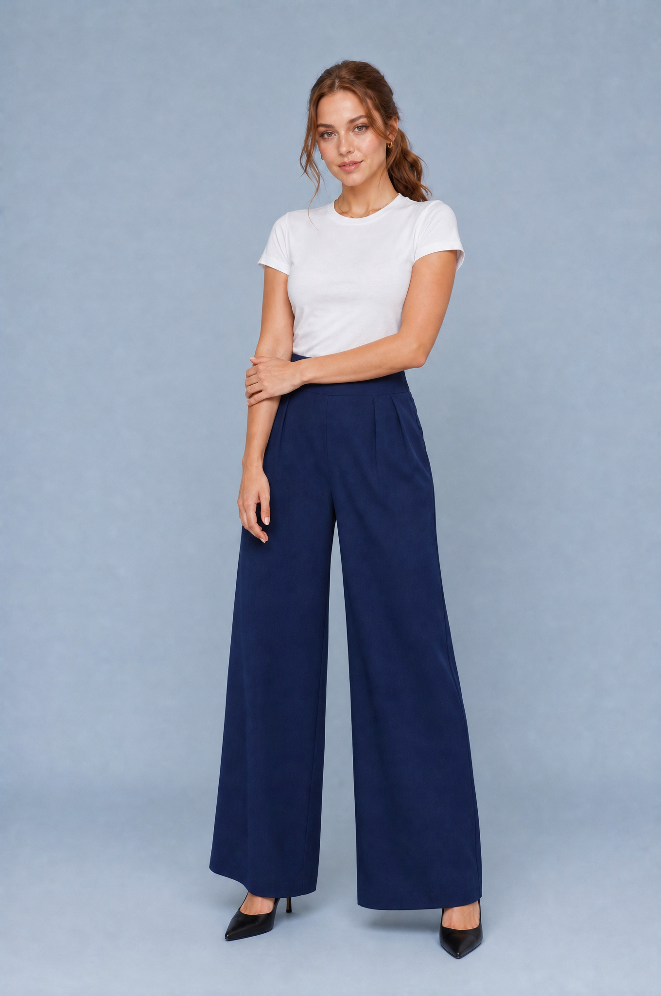 Pantalon large taille haute plissé | Variante Bleu marine | Lounelle Paris