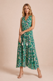 Robe imprimée col V franges | Variante Vert | Lounelle Paris