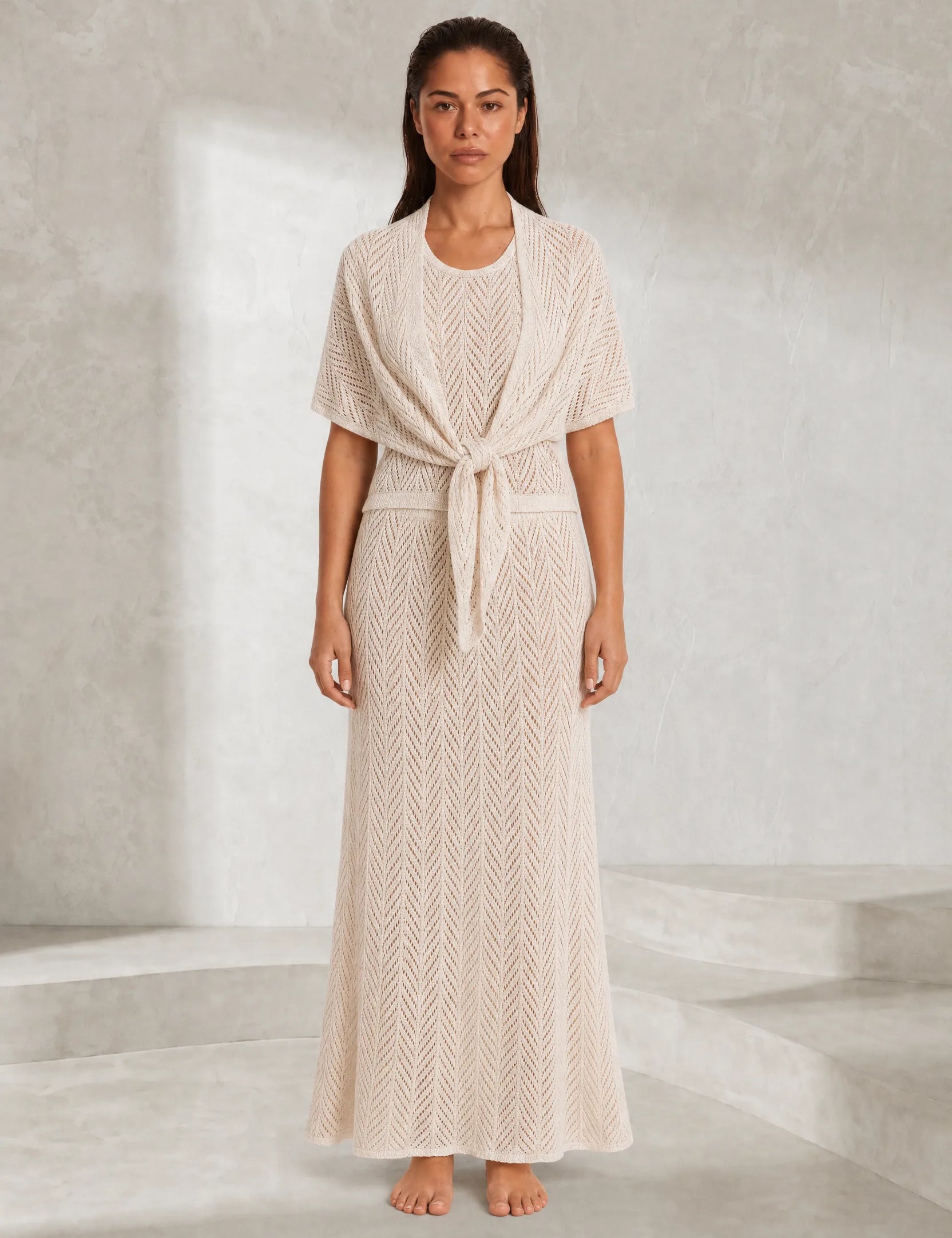 Ensemble 3 pièces beige maille ajourée | Lounelle Paris