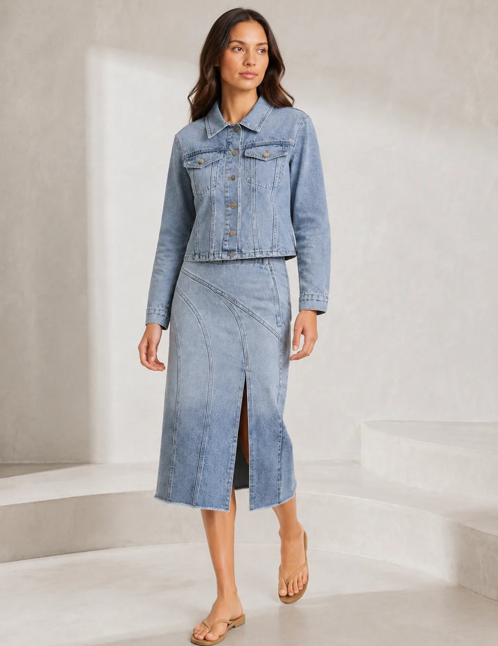 Ensemble veste jean et jupe midi | Lounelle Paris