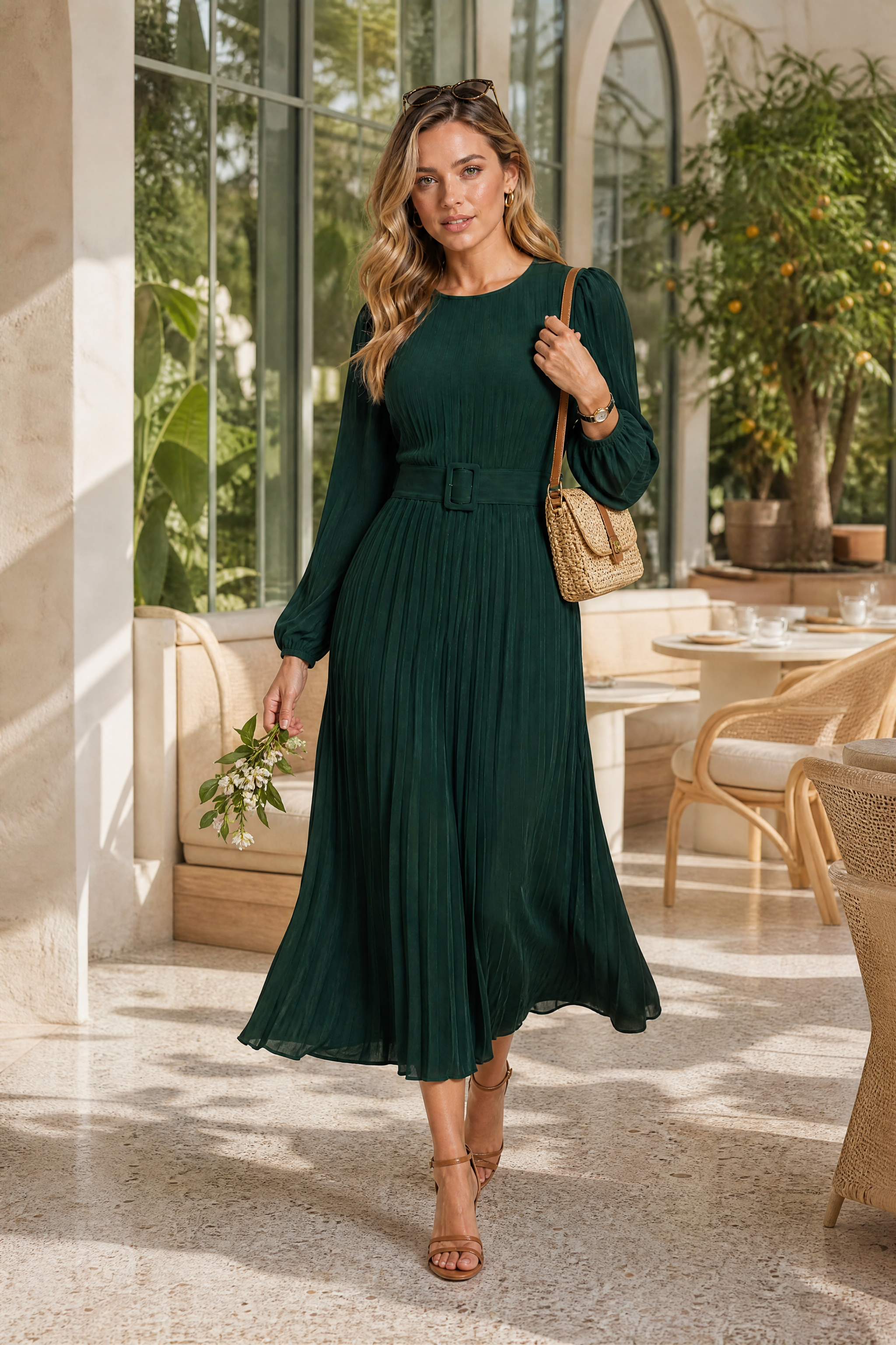 Robe longue plissée à manches bouffantes | Photo lifestyle | Lounelle Paris