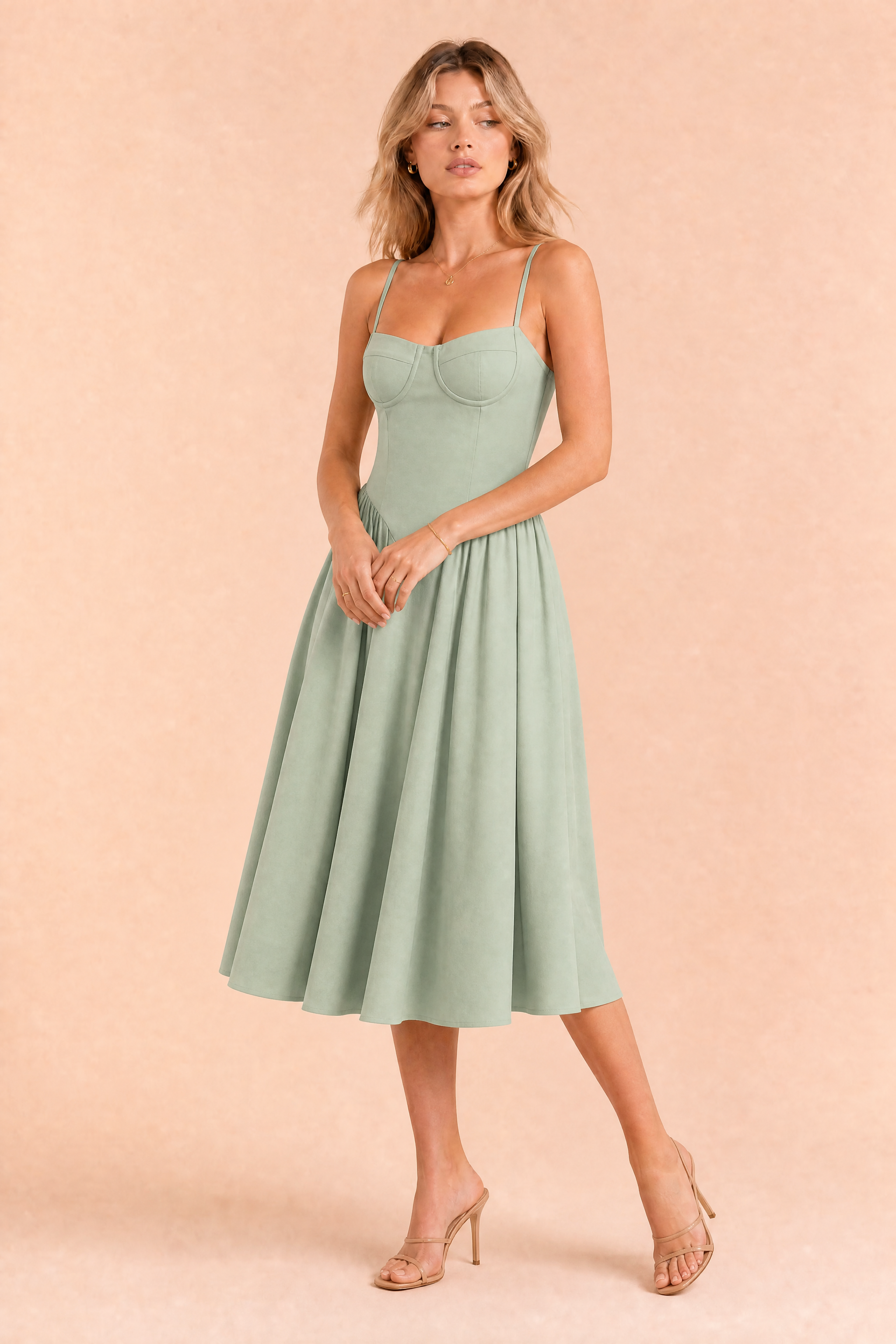 Robe midi à fines bretelles encolure droite | Variante Vert | Lounelle Paris