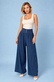 Pantalon large plissé taille haute | Variante Bleu | Lounelle Paris