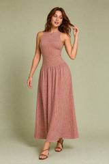 Langes Vichy-Kleid mit gesmoktem Oberteil
