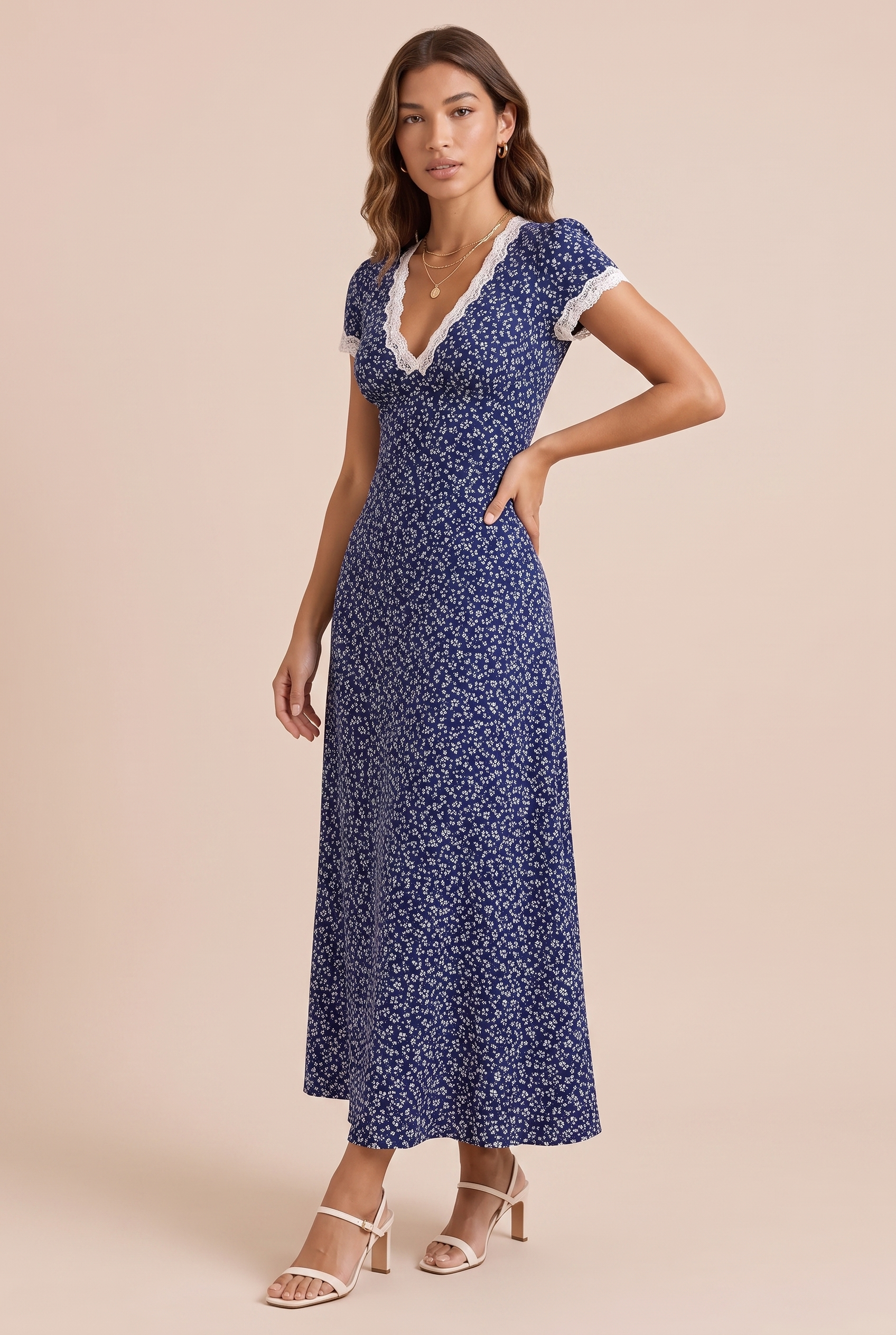 Robe longue bleu marine col V | Vue de face | Lounelle Paris