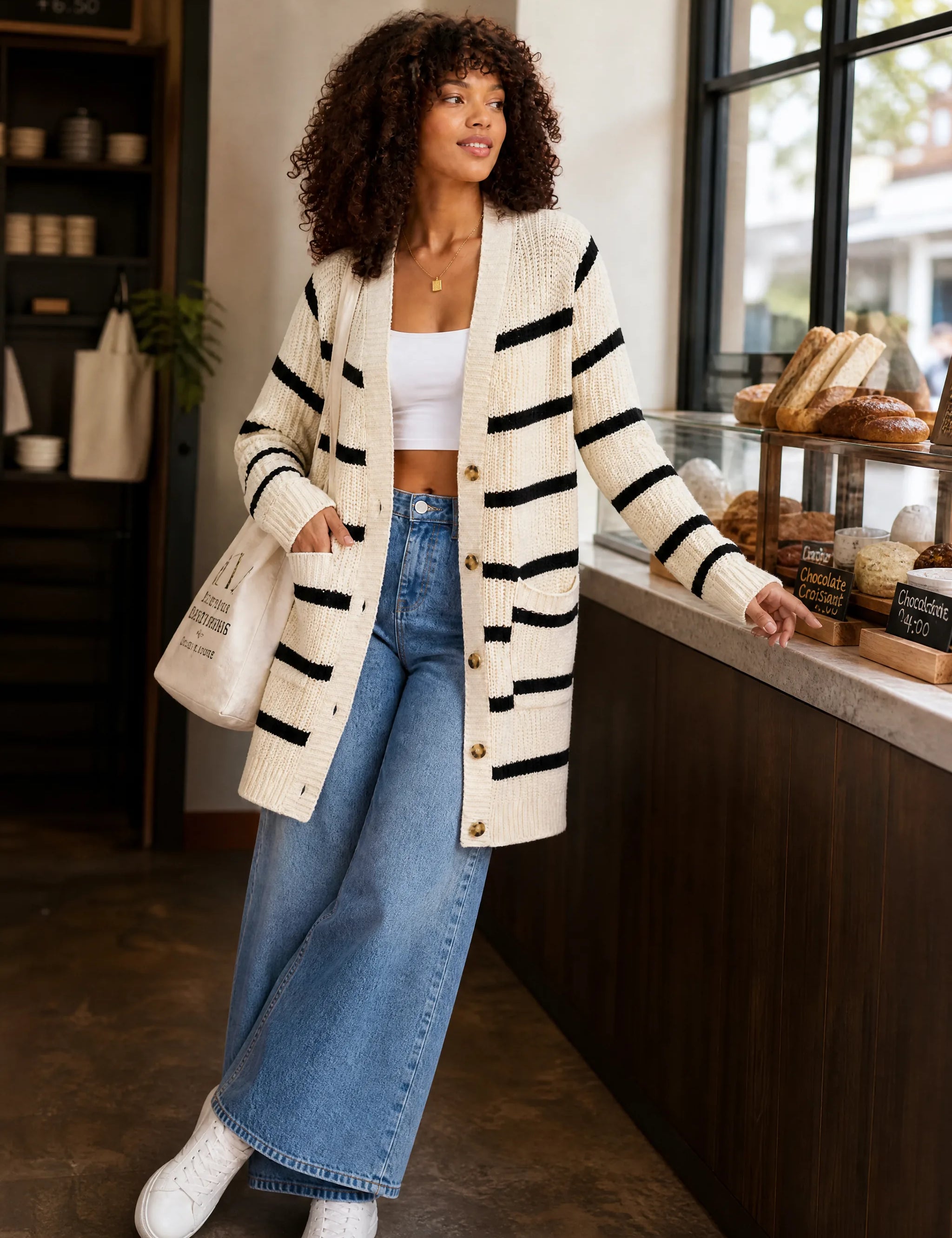 Gilet abricot rayé mi-long | Photo lifestyle | Lounelle Paris