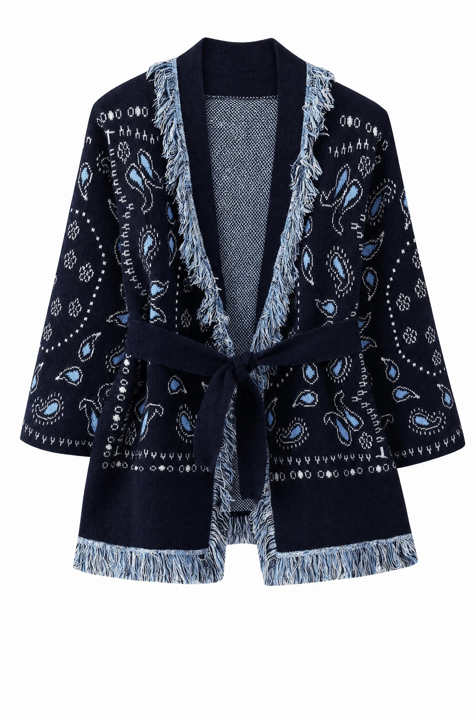 Gilet bleu marine col V franges | Lounelle Paris