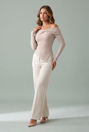 Top beige épaules dénudées asymétrique | Vue de face | Lounelle Paris