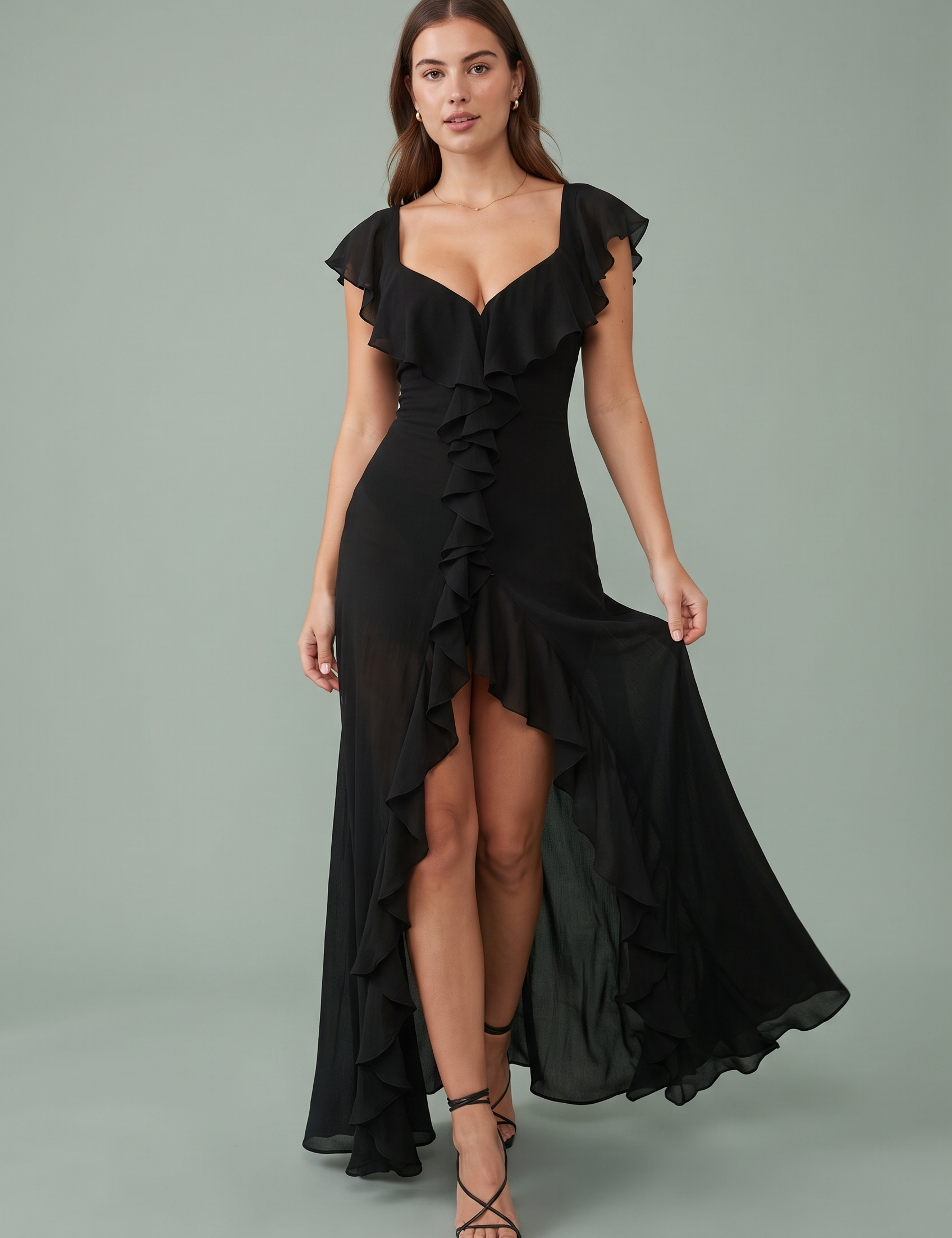 Robe longue fendue à volants | Vue de face | Lounelle Paris