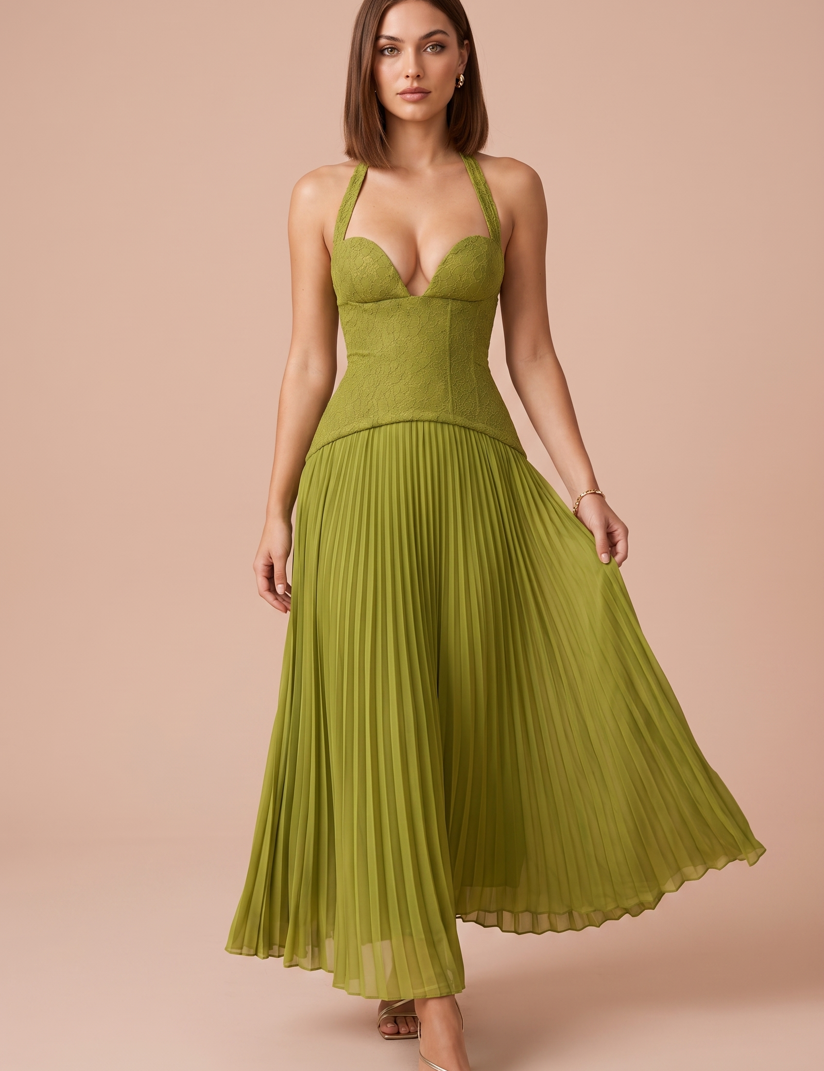 Robe jaune-vert col licou dos nu | Vue de face | Lounelle Paris