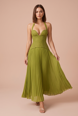 Gelbgrünes Neckholder-Kleid mit freiem Rücken