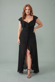 Robe longue fendue à volants | Porté sur une autre silhouette | Lounelle Paris