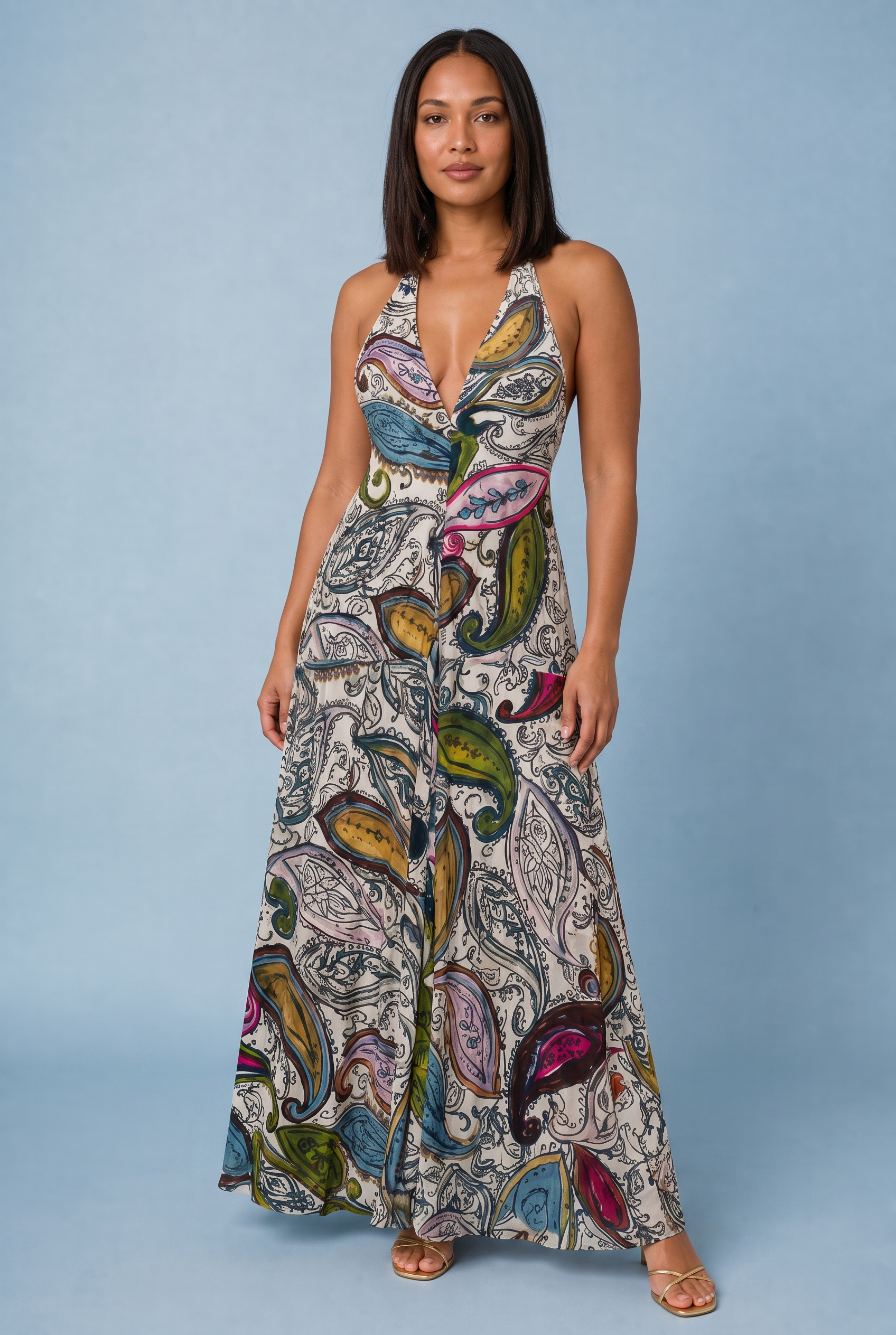 Robe longue imprimée col licou | Porté sur une autre silhouette | Lounelle Paris
