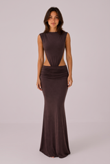 Langes Kleid mit offenem Rücken und Cut-out-Taille